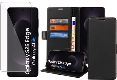 Book Case & Screenprotector geschikt voor Samsung Galaxy S25 Edge Hoesje Screenprotector - Gehard Glas Cover + Magnetische Sluiting - Portemonnee Rustic Zwart