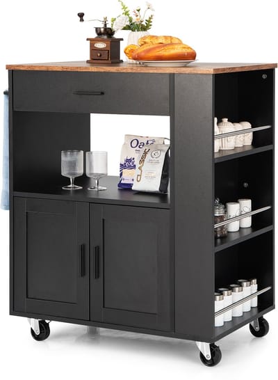 COSTWAY Keukentrolley op wieltjes, serveerwagen met werkblad, handdoekhouder, 3 kruidenrekken en lade, keukeneiland, hout, verrijdbare keukenkast, voor keuken, eetkamer en bar (zwart)