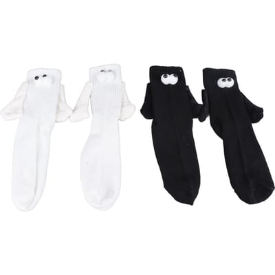 2 Paires Chaussettes Couple Poupée 3D Magnétiques à Aspiration Drôles Chaussettes Drôles Se Tenant la Main pour Couple Noir et white