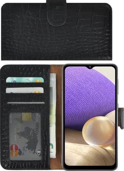 Geschikt voor Samsung Galaxy A12 hoesje - Wallet Case - A12 Hoesje Book Case Wallet Echt Leer Croco Zwart Cover