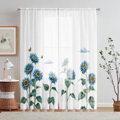 2 stuks HD digitaal blauw zonnebloem bedrukt hor Home Decoratiestijl Decoratief Woonkamer Slaapkamer Rodding Gordijneffect W52H63inchW132H160cm white