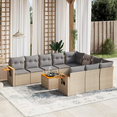 vidaXL - 11-delige - Tuinset - met - kussens - poly - rattan - beige