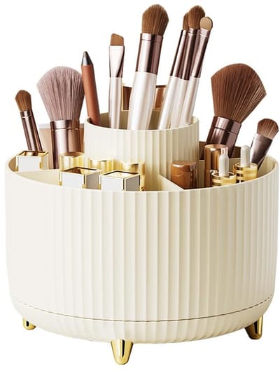 Opbergdoos voor make - 360° draaibare opbergdoos voor make-Kunststof Roterende Opbergbak met Draaiplateau, - Voor Make-up, Kantoorbenodigdheden - 15 x 15 x 12.5cm - melkachtig wit