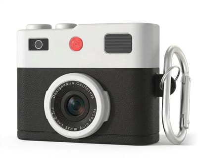 Zwart wit hoesje voor oordopjes unisex in retro camera vorm met karabijnhaak geschikt voor AirPods Pro 2 met reliëf details en compact ontwerp