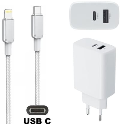OneOne 25W super snellader met 2 poorten + 0,9m OneOne USB C naar Lightning kabel. PD lader. Oplader adapter past op Apple iPhone SE 2, iPhone 8, iPhone 8 Plus, iPhone 10, iPhone X, iPhone XR, iPhone XS, iPhone XS Max, iPhone 11