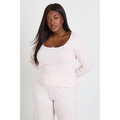 boohoo Dames Plus Pointelle Pyjama Top Met Ronde Hals En Lange Mouwen | Baby Pink | Maat: 16