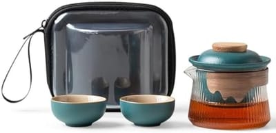 PromoHome Draagbare Theeset - Groen Keramisch Mini Theepot met 2 Kopjes