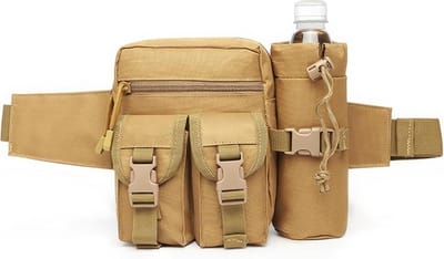 Tactical Waist Bag - Fanny Pack With Water Bottle Holder - Waterproof Military Design - Detachable Bottle Pouch - Khaki Nylon Material - 1 Piece Set - For Hiking Camping Fishing
