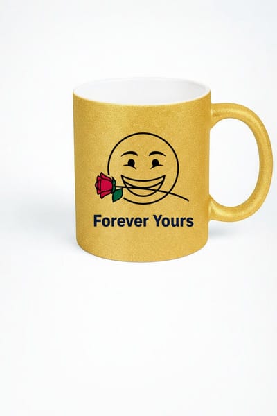 Gouden Glitter Mok "Forever Yours" met Liefdes Emoji & Rode Roos | Romantisch Cadeau