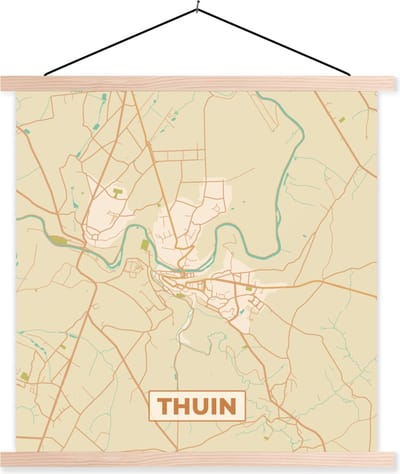 Posterhanger incl. Poster 40x40 cm - Schoolplaat - Plattegrond - Thuin - Stadskaart - Kaart - Vintage - Textielposter - Blanke latten - Stadskaart