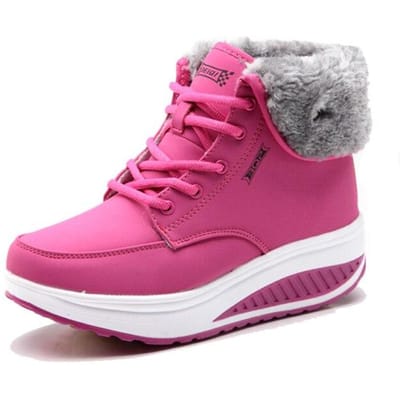 Rimocy Warme Korte Pluche Platform Sneeuwlaarzen Dames Winter Antislip Wedges Enkellaarsjes Vrouw Vetersluiting Katoen Gevoerde Schoenen Creepers 40 pink