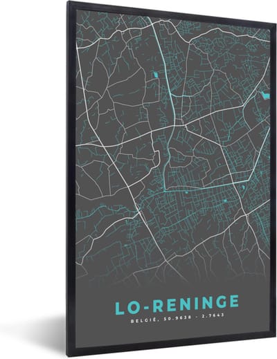 Fotolijst incl. Poster - België – Lo Reninge – Stadskaart – Kaart – Blauw – Plattegrond - 40x60 cm - Posterlijst