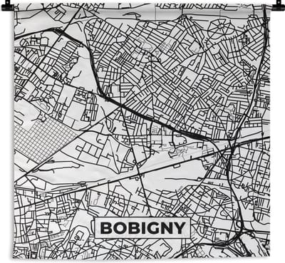 Wandkleed - Wanddoek - Stadskaart - Frankrijk - Bobigny - Kaart - Plattegrond - Zwart wit - 180x180 cm - Wandtapijt