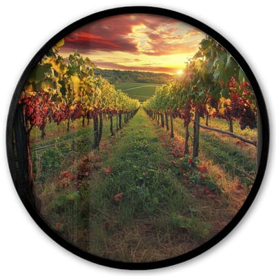 Poster in lijst Rond - Fotolijst 40x40 cm - Posters - Wijngaard - Druiven - Zonsondergang - Ronde posterlijst zwart - Decoratie - Wanddecoratie woonkamer - Muurdecoratie slaapkamer