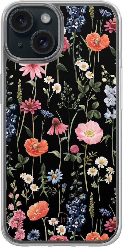 Hoesje geschikt voor iPhone 15 - Dark flowers - 2in1 backcover - Bloemen - Zwart, Multi - Leuke Telefoonhoesjes