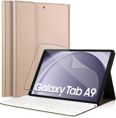 Hoes met Toetsenbord geschikt voor Samsung Tab A9 / Tab A11 - Screen Protector FlexGuard - KeyGuard Book Case Cover Kunstleer Goud & Screenprotector