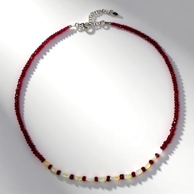 Cavill - Zilveren Halsketting - 925 Sterling Zilver - 6,46 ct Welo-opaal en 55,319 ct Robijn - Fancy Cut - Luxe & Elegant - Verstelbaar 45-50 cm