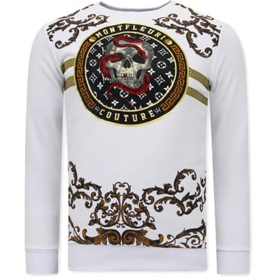 Heren Sweater met Print - Snake Skull - 3674 - Wit