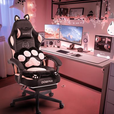 Dowinx Gaming Stoel Roze/Zwart – Ergonomisch met Voetensteun – Kattenpoot Design – Stoffen Gamer/PC Stoel – Verstelbare Rugleuning – Voor Volwassenen