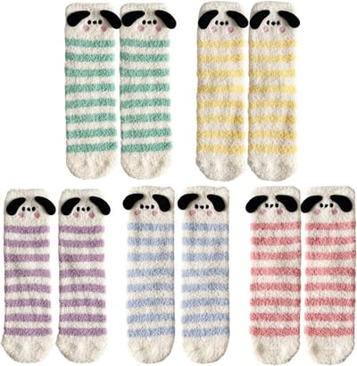 Zachte en Warme Winter Sokken - 5 Paar Geurremmende Koraalfleece, Gestreepte Kousen, Dikke Huissokken voor Dames, Multicolore Fluffy Sokken
