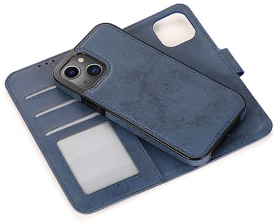 geschikt voor iPhone 14 Plus 2-in-1 Hoesje met Magnetische Backcover - Telefoonhoesje met vakjes voor pasjes - Inclusief polsbandje - Mobiq Magnetische 2-in-1 Wallet Case geschikt voor iPhone 14 Plus donkerblauw