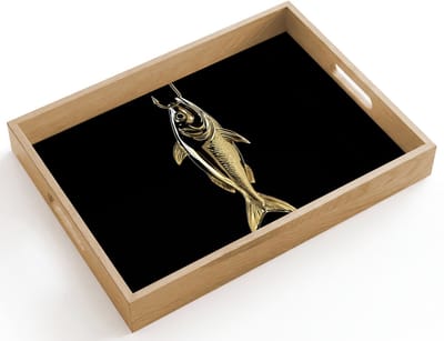 Dienblad hout 40x30 cm - Schootdienblad - Goud - Vis - Haak - Zwart - Borrelplank rechthoek - Plateau dienbladen