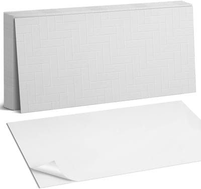 Coloray Plaktegels - Visgraat baksteenpatroon Zelfklevende Wandtegels - 40 cm x 20 cm - Wit Plaktegels - 10 stuks - Rechthoek PVC Tegels - Plaktegels Badkamer - Vloertegels Zelfklevend - Vinyl Tegels - Portugese Tegels