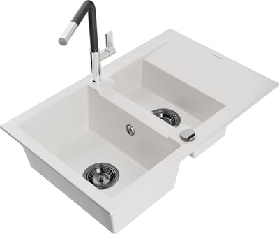 Mexen Gaspar granieten spoelbak 1,5-komorige met afdruiprek en keukenkraan Flora, wit - 6507-20-670401-07-B