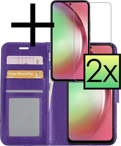 Hoesje - Met 2x Screenprotector - Geschikt voor Samsung Galaxy A54 - Luxe Pasjeshouder - Bookcase Portemonee - Flip Case - Kunstleer Book Case - Flipcase Hoes - Book Cover - Walletcase - Portemonneehoes - Paars