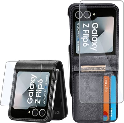Book Case Hoesje Samsung Galaxy Z Flip 6 / Flip 7 FE - Hoesje + Screenprotector – Beschermglas Folie - Flip Hoes Cover - Portemonnee Zwart
