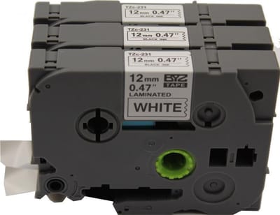 KATRIZ® huismerk label tape voor Brother TZe-231| GL-100/PT-1100CH/PT-1700/PT-H100/PT-D200 | Zwart op Wit | 12mm*8m | 3 stuks