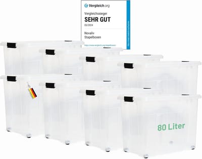 Novaliv 8x opbergdozen met deksel, groot 80L, transparant, nestbaar, stapelbaar met clipsluiting, rolboxen, kunststof, BPA-vrij, 61x40x45 cm