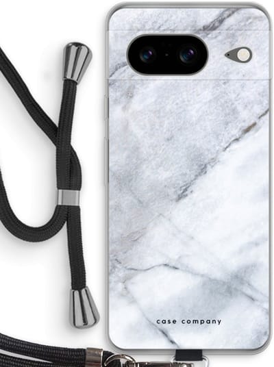 Case Company® - Hoesje met koord geschikt voor Google Pixel 8 hoesje met Koord - Witte marmer - Telefoonhoesje met Zwart Koord - Bescherming aan alle Kanten en Over de Schermrand