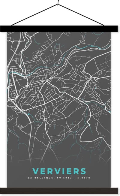 Posterhanger incl. Poster 40x60 cm - Schoolplaat - Stadskaart – Grijs - Kaart – Verviers – België – Plattegrond - Textielposter - Zwarte latten - Stadskaart