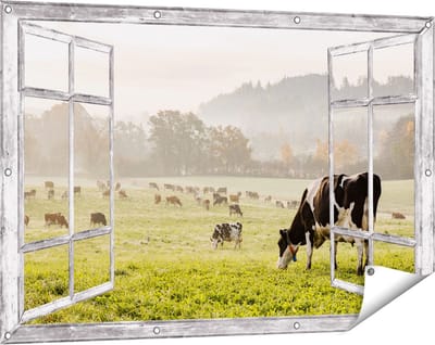 Gards Tuinposter Doorkijk Zwart Witte Koeien in de Wei - 120x80 cm - Tuindoek - Tuindecoratie - Wanddecoratie buiten - Tuinschilderij