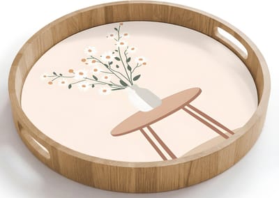 Dienblad rond 40x40 cm - Schootdienblad hout - Vaas - Bloemen - Madeliefjes - Beige - Borrelplank rechthoek - Plateau houten dienbladen