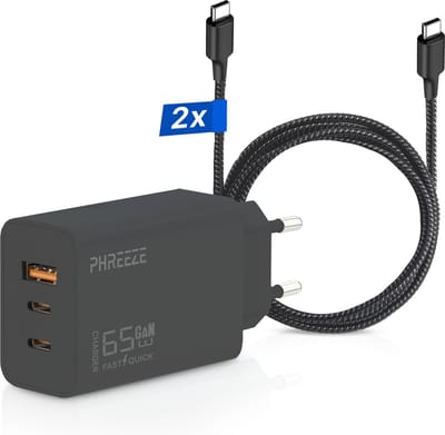 65w usb C Lader met 3 Poorten (2x usb-C, 1x usb-A) - Inclusief 2x usb C Kabels 2 Meter - Supersnelle Adapter