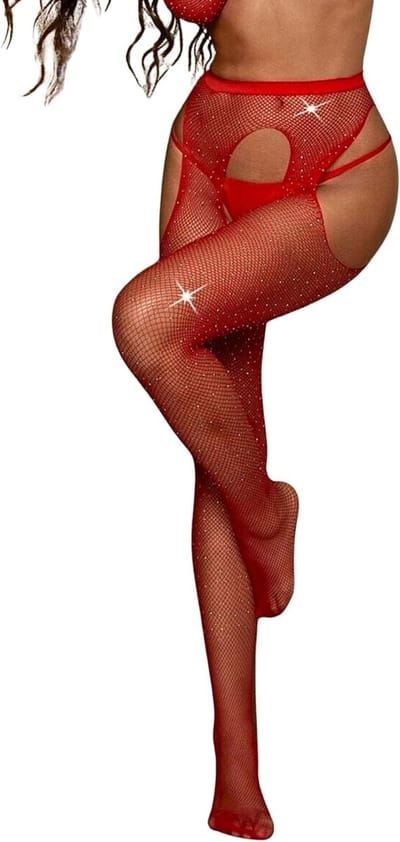Glanzende visnet panty voor dames met doorzichtige mesh en strass-steentjes, sexy lingerie en kant uitsnijding