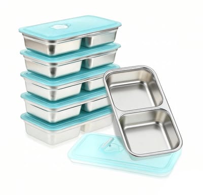 QTTVBTNA - 6 Stuks RVS Snackboxen – 2 Vakjes Bento Lunchbox met Deksel – Herbruikbaar, Vaatwasser-, Magnetron- en Vriesbestendig – Voor Outdoor, Werk en Take-away