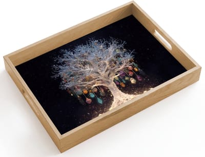 Dienblad hout 40x30 cm - Schootdienblad - Sneeuwboom - Lichtjes - Wit - Kleurrijk - Borrelplank rechthoek - Plateau dienbladen