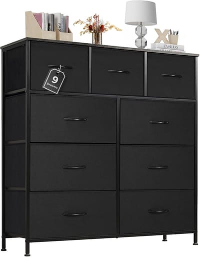Dressoir, dressoir, woonkamer voor slaapkamer, met 9 stoffen laden, verstelbare poten, ladekast, commode voor slaapkamer, klassiek zwart, HMTM-SC-9D-BK