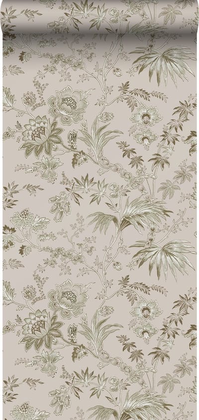 ESTAhome behang vintage bloemen oudroze en olijfgroen - 53 cm x 10.05 m - 139401