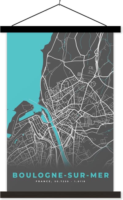 Posterhanger incl. Poster 40x60 cm - Schoolplaat - Frankrijk - Boulogne-sur-Mer - Stadskaart - Kaart - Plattegrond - Textielposter - Zwarte latten - Stadskaart