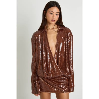boohoo Dames Lange pailletten gedrapeerde shirtjurk met uitlopende mouwen | Chocolate | Maat: 8