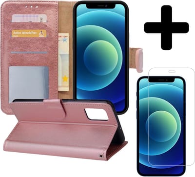Hoesje - Met Screenprotector - Geschikt voor Apple iPhone 12 Mini - Luxe Pasjeshouder - Flipcase - Bookcase Portemonee - Flip Case - Kunstleer Book Case - Book Cover - Walletcase - Portemonneehoes - Telefoonhoes - Rosé goud