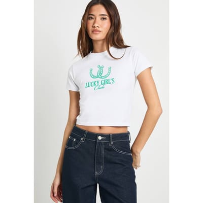 boohoo Dames St. Patrick's Day Lucky Girls Club Baby T-shirt | White | Maat: 6