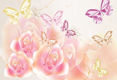 Fotobehang Butterflies Flowers Roses | XL - 208cm x 146cm | 130g/m2 Vlies