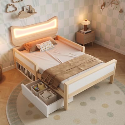 KOMHTOM - Kinderbed - 90×200 cm - met kattenoren-hoofdeinde - RGB-LED-verlichting - lattenbodem - flexibele lade & opbergvak links/rechts te monteren - kindveilige beschermhekken - wit & eiken - zonder matras