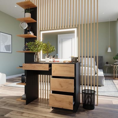 Kaptafel met LED Spiegel en 4 Lades - Antraciet/Eikenlook
