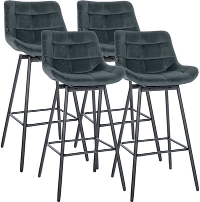 CLP Barkrukken Weston - Set van 4 - 180° Draaibaar met Auto-Return - Met Rugleuning - Gevoerde Zitting - Metalen Onderstel - zwart/donkergrijs